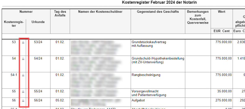 Das Drucker-Symbol markiert festgeschriebene Einträge RA-MICRO Kostenregister Symbol für festgeschriebene Einträge