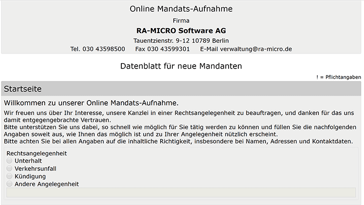 Digitaler Mandatsaufnahmebogen Online-Mandat