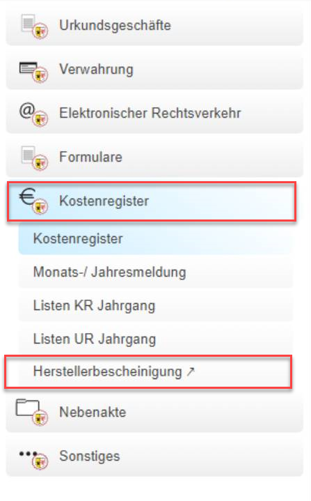 RA-MICRO Kostenregister Herstellerbescheinigung