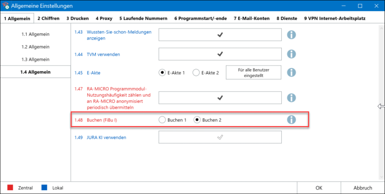 In den Allgemeinen Einstellungen können Sie Buchen 2 aktivieren RA-MICRO Allgemeine Einstellungen Buchen FiBu I