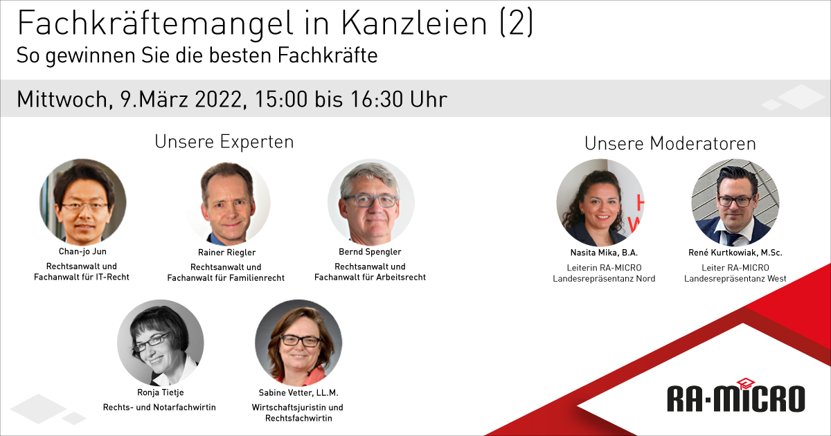 Fachkräftemangel in Kanzleien Veranstaltung. Mit Chan-jo Jun, Rainer Riegler, Bernd Spengler, Ronja Tietje, Sabine Vetter, Nasita Mika und René Kurtkowiak