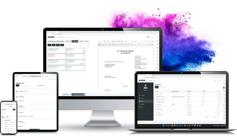 Die Kanzleisoftware RA-MICRO Essentials ist auf Laptop, PC, Tablet und Smartphone zu sehen
